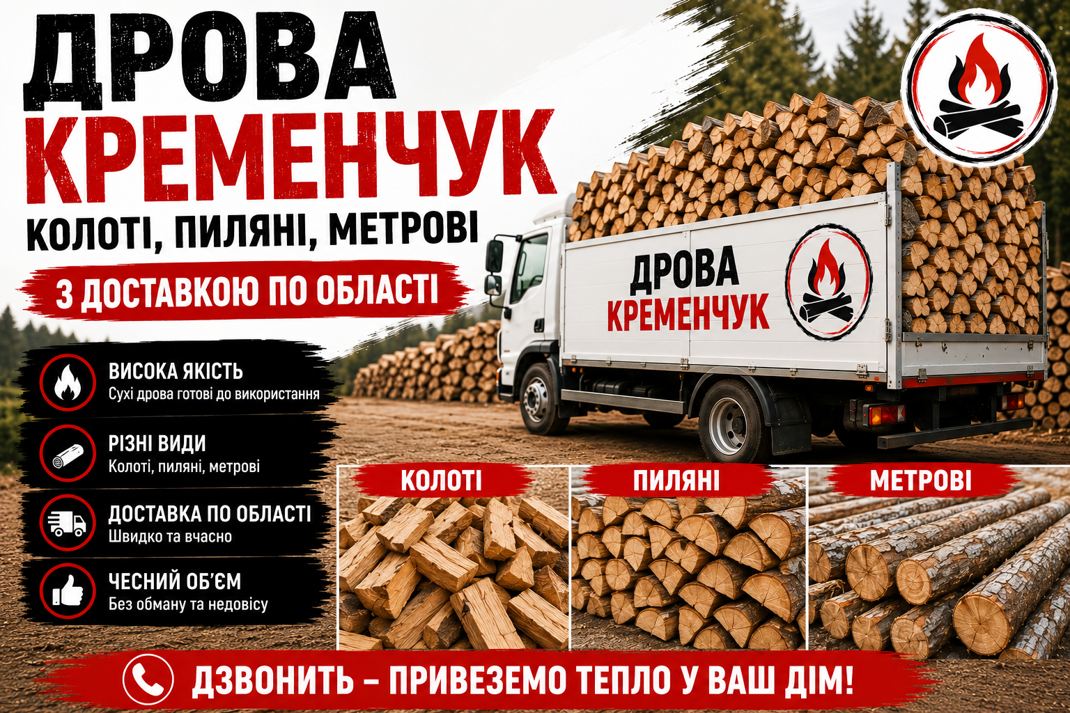 Дрова Кременчук Колоти, пиляні, метрові з доставкою