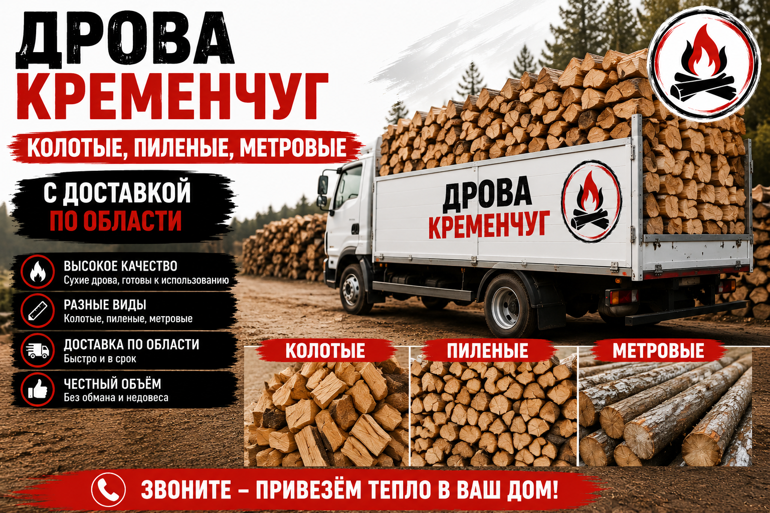 Дрова Кременчуг Колотые, пиленые, метровые с доставкой по области
